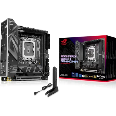 Bild av ASUS ROG Strix B860 I Gaming WiFi, Mini iTX moderkort, förberedd för PC med avancerad AI, 10 + 1 2 steg effekt, DDR5, PCIe 5.0, Två M.2 kortplatser, WiFi 7, AI Advisor, Networking II
