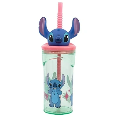 Bild av Återanvändbar barnmugg med sugrör och lock 3D figur 360 ml Stitch, Blå/lila, Talla única, tillfällig