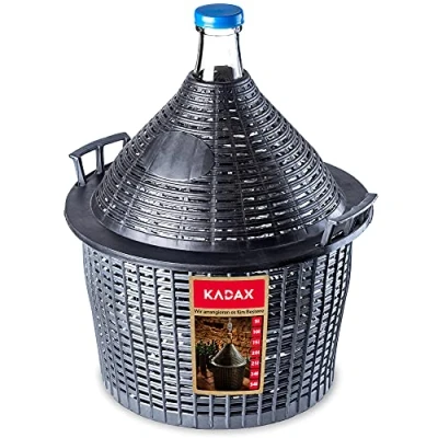Bild av KADAX Glasballong 25 l, jäsballong med plastkorg, gummipluggar, smal öppning, vinballong, flaska, glasflaska, gallon, trädgårdsbehållare, glaslåda, jäskorg