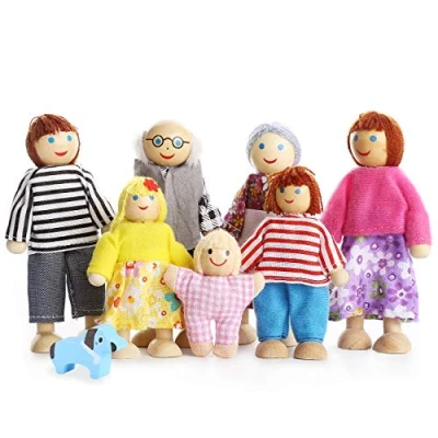 Bild av barn flickor härlig lycklig familj dockor lekset träfigurer set med 7 personer för dockhus låtsasgåva