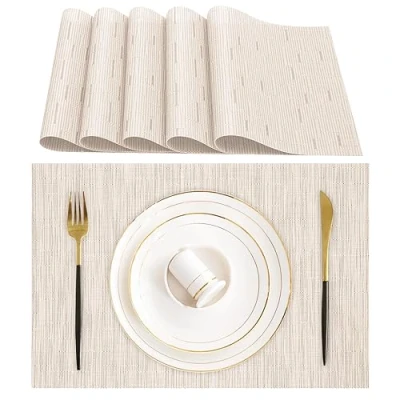 Bild av Lumaca Tvättbara Bordsunderlägg, Bordsmattor set om 6, (70% PVC, 30% polyester), Värmebeständig, Halkfri, för Köksbord och Eestauranger, Beige