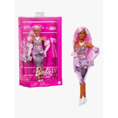 Bild av Barbie Deluxe Style docka nr 1 i Barbiecore outfit, rosa hår och glittrig klänning med accessoarer som sammetshandskar, sedelformad handväska mera, HYV25