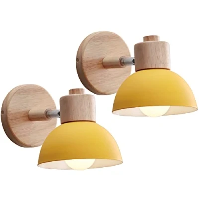Bild av IDEGU 2 stycken vägglampor modern inomhus vägglampa av trä metall halvcirkel lampskärm E27 justerbar väggspot vintage lampa för sovrum vardagsrum (2 lampor, gul)