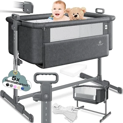 Bild av KESSER® Extrasäng, Hubi, 3 i 1, babysidosäng, resesäng, babysäng med mjuk madrass, hjul, barnsäng, 5 vägs höjdjustering, vikbar sidovägg för hem och resor