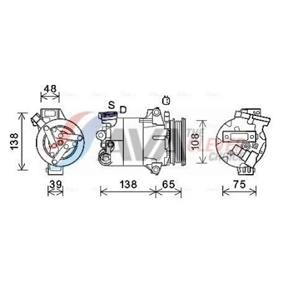 Bild av AVA COOLING SYSTEMS FDAK595 Kompressor VS16 12V PAG 46 R134a med kompressorolja, magnetkoppling, diod FORD: FOCUS 3
