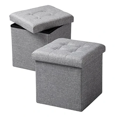 Bild av WOLTU SH06hgr 2 uppsättning med sittpall förvaringsutrymme sittkub sittbänk vikbar kista förvaringslåda, lock avtagbar, vadderad sits av linne, 37,5 x 38 cm (L B H), ljusgrå