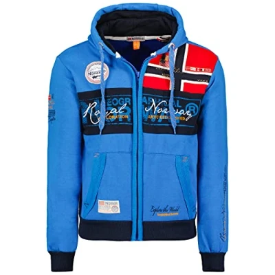 Bild av Geographical Norway huvtröja med dragkedja för män, bekväm sweatshirt, logotyp, långärmad, varm, året runt bruk, Kunglig, XL