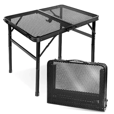 Bild av E EASTSTORM Campingbord fällbart 60 x 40 cm, sidobord, trädgårdsbord, grillbord med metallgallerplatta, lätt och bärbart, litet bord, fällbord 2 höjdjusterbart (27/56 cm) för camping (svart)