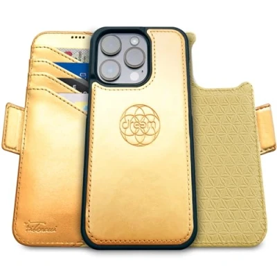 Bild av Dreem Fibonacci iPhone 16 Pro Max plånboksfodral / 2 i 1 stötsäkert fodral och avtagbart foliofodral veganläder, Kompatibel med MagSafe, RFID skydd [Guld]