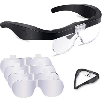 Bild av OBOVO huvudförstoringsglas med 2 LED lampor, USB laddning, handsfree, förstoringsglasögon för läsning, hantverk, klocka, reparation, hobby, avtagbara linser, 1,5 x, 2,5 3,5 5 x
