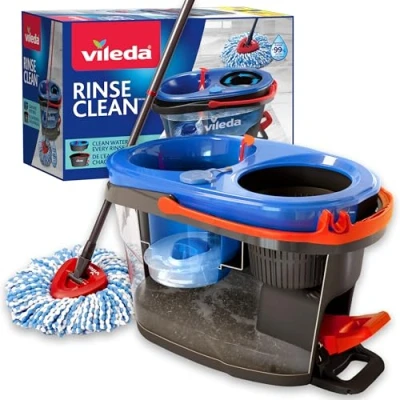 Bild av Vileda RinseClean Spin moppsystem, separerar rent och smutsigt vatten, enkel vridning, mikrofiber mopp hinkset, grå