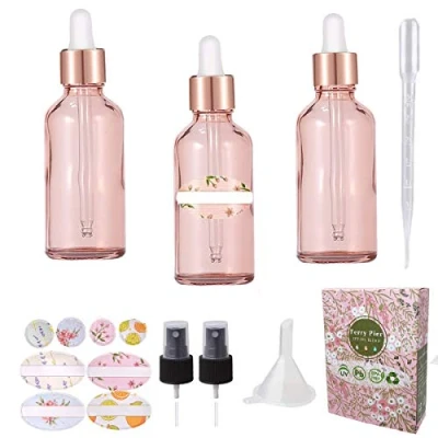 Bild av Ferry Pier 3 st 30 ml pipettflaska, droppflaska av brunt glas, set mörka små glasburkar som apoteksflaskor, inklusive hjälptillbehör (rosa)