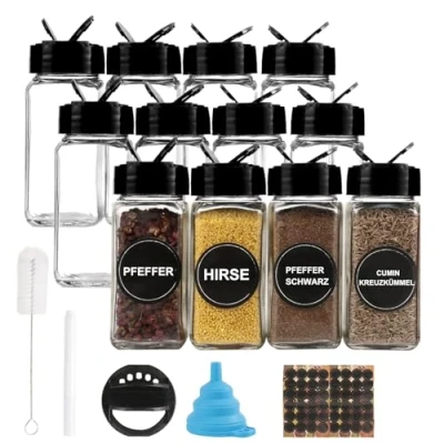Bild av Set med 12 kryddburkar, 120 ml, i glas, fyrkantig förvaring svart lock, tratt, borste, etiketter och kritpenna, 10,5 x 4,3 cm