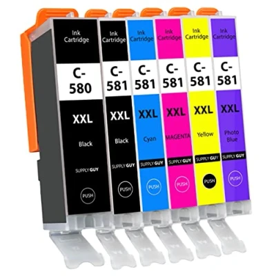 Bild av Supply Guy 6 XXL bläckpatroner met chip kompatibel med Canon PGI 580 CLI 581 för Pixma TS8100 TS8150 TS8151 TS8152 TS8200 TS8250 TS8251 TS8252 TS8300 TS8350 TS8351 TS8352 TS9100 TS9150 TS9155