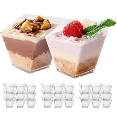Bild av MATANA 100 Mini Klar Fyrkantiga Plastdessertkoppar, Mångsidiga Trapezoida Aptitretarskålar, Triflegrytor, för Pudding, Mousse, Parfait Partykoppar 70 ml / 5,4 cm x 4,9