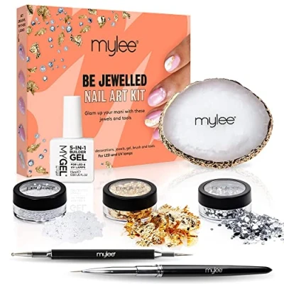 Bild av Mylee Be Juveled Nail Art Kit, Clear Builder Gel, Dirting Tool, Brush, Mixing Palette, Assorted Pearls, Gems, Gold Leaf, för användning på naturliga naglar