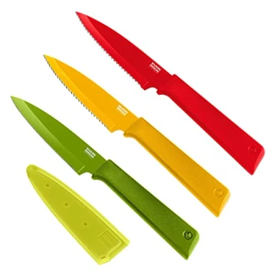 Bild av Kuhn Rikon Colori+ Prep 3 st kökskniv set (1 x skalkniv, 2 sågtandad kökskniv) blad i rostfritt stål köksknivar set. Vass knivsats års garanti för kökstillbehör