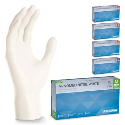Bild av ARNOMED engångshandskar vit, nitrilhandskar M, 500 st/låda, puderfria &amp; latexfria, engångshandskar, handskar finns i storlekarna XS, S, L XL.