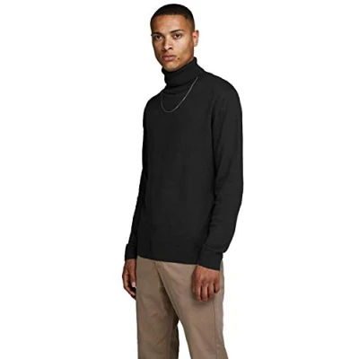 Bild av Men JACK &amp; JONES Thin Turtleneck Knit Sweater Classic Round Neck Pullover Longsleeve Basic JJEEMIL, Color:Black, Size:XL