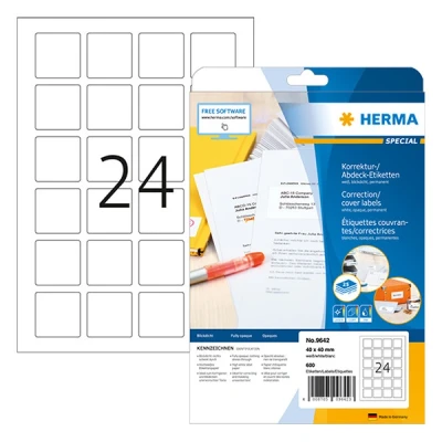 Bild av HERMA 9642 QR kod etiketter A4 ogenomskinlig (40 x 40 mm, 25 ark, papper, matt, kvadratisk) självhäftande, utskrivbara, permanenta kodetiketter, 600 klistermärken, vit