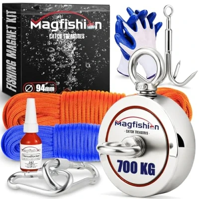 Bild av MAGFISHION Dubbel Magnetfiske Set Dragkraft 700KG (2x 300KG) Ø94mm Neodym Magnet Med 2 Rep, Grappelkrok &amp; Handskar Ögonmagnet Fiskemagneter