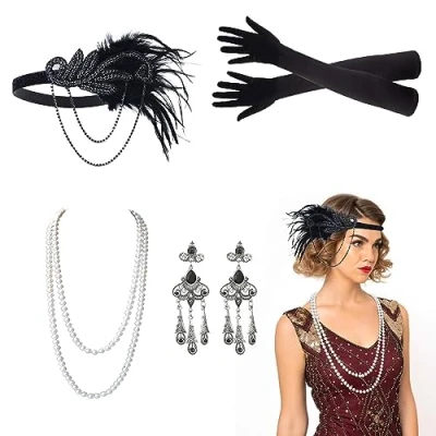 Bild av VIKSAUN 5 st 1920 tillbehörsset Great Gatsby fin klänning, klafftillbehör, långa handskar pärlhalsband tillbehör för kvinnor, pannband huvudbonad, damer Charleston tjusigt set (5 st)
