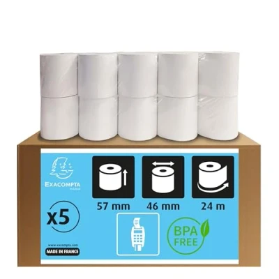 Bild av Exacompta Ref 40905E Förpackning med 5 kreditkortsrullar bredd 57 mm x diameter 46 12 kärna 1 termiskt skikt 55 g/m² Metervara + eller 2 m : 24 Vit