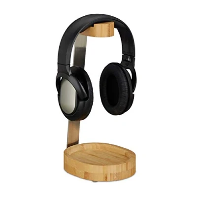 Bild av Relaxdays Hörlursstativ, bambu, metall, hörlurshållare på &amp; Over Ear hörlurar, hylla, elegant design, natur, 29,60 x 12 15 cm