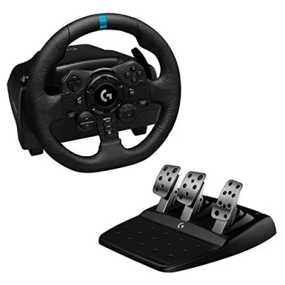 Bild av Logitech G G923 TRUEFORCE racingratt med pedaler, kraftåterkoppling upp till 1000 Hz, responsiv pedal, dubbelkopplingssystem, äkta läderratt, svart, för PS5, PS4 &amp; PC Svart