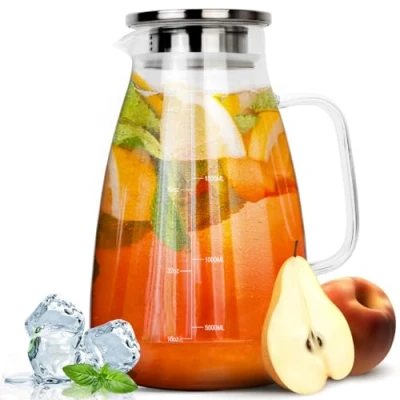 Bild av HEFTMAN 2 Liter Glaskaraff med Lock Vattenkanna Tillverkad av Värmebeständig Borsilikat, Glaskaraff, Glaskanna för Iste, Juice, Mjölk, Sangria, Kaffe, Varma eller Kalla Drycker 2L Karaff