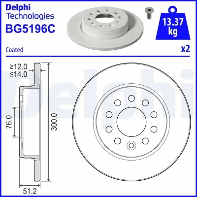 Bild av DELPHI Disque de frein 300mm 14mm 5 plein revêtu non traité BG5196C 7T0615601 Disques frein,