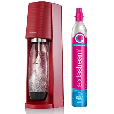 Bild av SodaStream Terra bästsäljande mousserande vattenmaskin förpackning 1 l flaska + x 60 gasrefill för att klämma fast röd