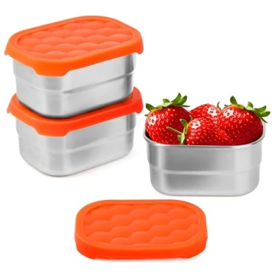 Bild av Winter Shore 230 ml Matbehållare i Rostfritt Stål med Silikonlock (3 Pack) Säker för Kylskåp, Ugn, Frys, Diskmaskin Små Matförvaringsbehållare Lock, Uppsättning Läckagesäkra Barnlunchlådor