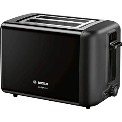 Bild av Bosch Kompakt brödrost DesignLine TAT3P423DE, integrerad brödhållare i rostfritt stål, med automatisk avstängning, avfrostningsfunktion, perfekt för 2 skivor bröd, lyftfunktion, bred, 970 W, svart