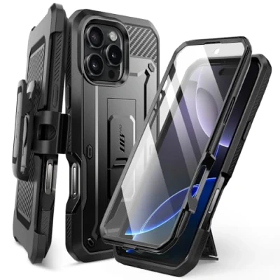 Bild av SUPCASE Fodral för iPhone 16 Pro 6.3‘’ 2024 med Skärmskydd, [integrerat Stativ och Bältesklämma] Robust Hållbart 360 graders Skyddande Hårt (Svart)