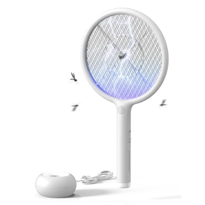 Bild av AROEVE elektrisk myggracket, 2 i 1 4000V, USB laddningsbas, 200 mAh uppladdningsbart batteri, automatiskt dragläge, LED ljus, 3 lagers skydd, vit