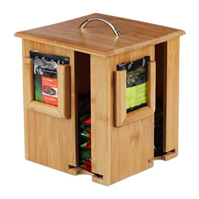 Bild av Relaxdays Tebox, vridbar telåda, med avtagbart lock, 4 fack för ca 160 tepåsar, HBT 20,5 x 18 cm, natur