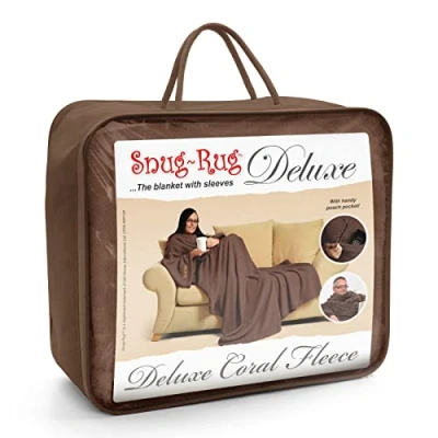 Bild av Brun Snug Rug DELUXE filt med ärmar genuin tät matta ärmade filtar 260gsm lyxig mysig supermjuk korall fleece mjukt tyg långa överdimensionerade och fickficka Vuxenstorlek