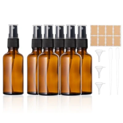 Bild av 6 st. sprayflaska glas tomt, 50 ml små sprayflaskor i brunt för att fylla med tratt pipetter och etiketter eteriska oljor, parfym
