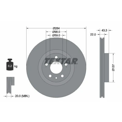 Bild av TEXTAR PRO 92252803 Disque de frein 284 22 05/06 98 ventilé l&#039;intérieur revêtu sans boulon fix roue, moyeu roue FIAT: 500 3 portes