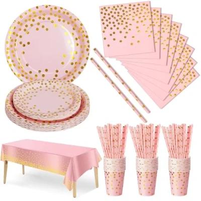 Bild av Nkaiso 126 Stycken Festporslin Roséguld Partytillbehör Papperstallrik, återanvändbara Pappersservis set inklusive bordsduk tallrik bägare servetter för barns födelsedagskalas fester årsdag 25 gäster