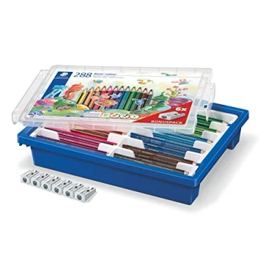 Bild av STAEDTLER Färgpenna Noris Colour, ökad brottbeständighet, trekantform, ergonomisk mjuk yta, WOPEX material, set med 288 pennor i 12 färger och 6 pennvässare, klasssats, 187 G288