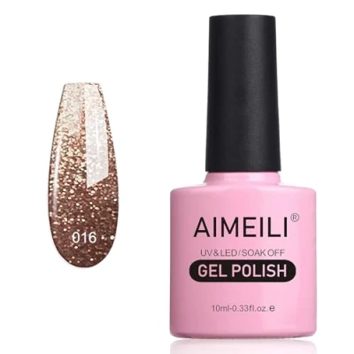 Bild av AIMEILI Semi Permanent Lack, 10 ml, roséguld, glitter, nagellack, UV gel, LED polering, soak off manikyr tinsel toast guld diamant 016