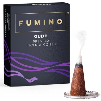 Bild av Fumino rökelsekon med fräsch doft Oudh 1 låda 15 koner Masala Agarbatti rökelseljus små för avkoppling, meditation, lindring vid stress och ångest