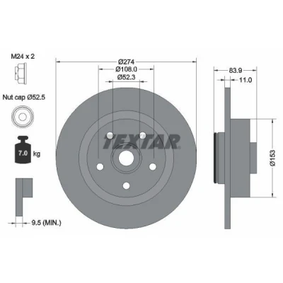 Bild av TEXTAR PRO 92142203 Disque de frein 274 11 05/05 108 plein revêtu avec bague magnétique intégré, roulement roue, sans boulon fix roue