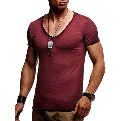 Bild av Leif Nelson Herr sommar t shirt v ringad slim fit bomull andel modern män hals huvtröja kortärmad lång LN6280, Vinröd, XL