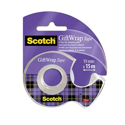 Bild av Scotch presentförpackningstejp på en dispenser 1 rulle 19 mm x 15 m satinerad, transparent tejp för användning presentpapper