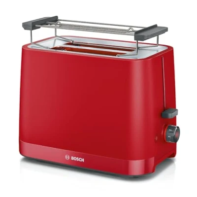 Bild av Bosch Kompakt brödrost MyMoment TAT3M124, avtagbar hopfällbar brödfäste, med upptiningsfunktion, automatisk avstängning, lyftfunktion, brödcentrering, perfekt för 2 skivor, 800 watt, röd matt