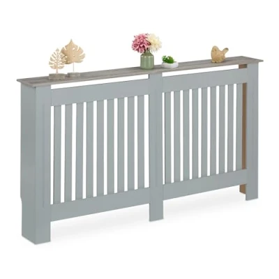 Bild av Relaxdays Radiatorbeklädnad lameller, HBT 83 x 152 19 cm, för gamla element, värmeskydd med hylla, MDF, grå, XL