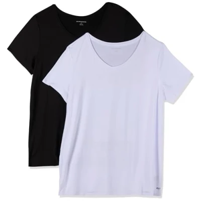 Bild av Amazon Essentials Dames Tech stretchig kortärmad V ringad T shirt (finns i plusstorlek), 2 Pack, Svart/Vit, XXL